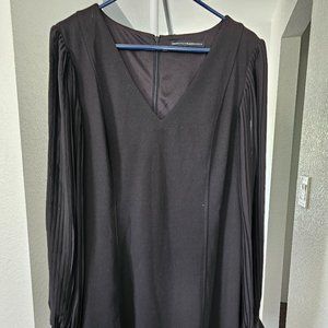 Pleated Long Sleeve Dress with V-Neck Shift Dress